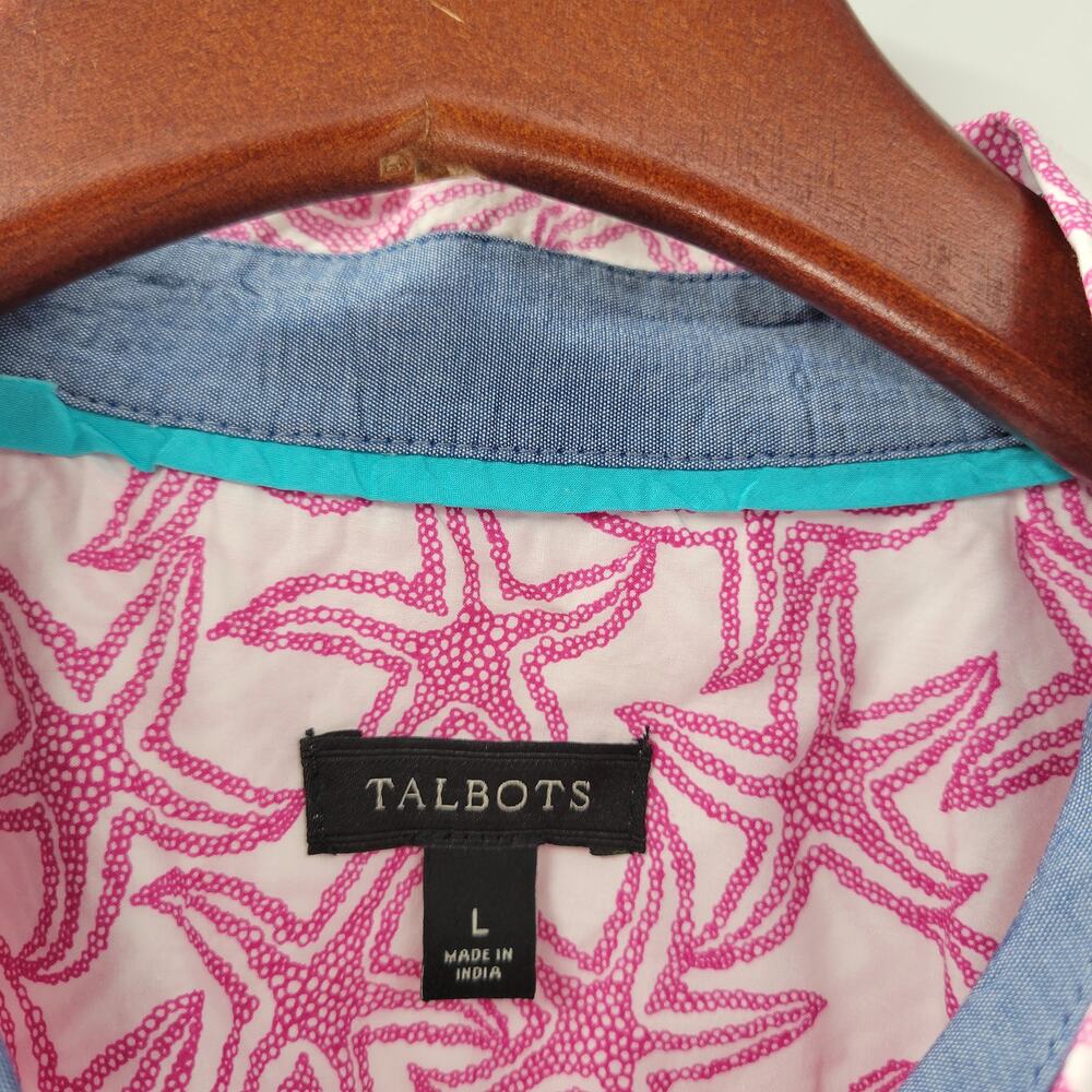 Talbots Womens Starfish Shirt Large Pink White Button Down Long Sleeve Beach - Picture 11 of 13